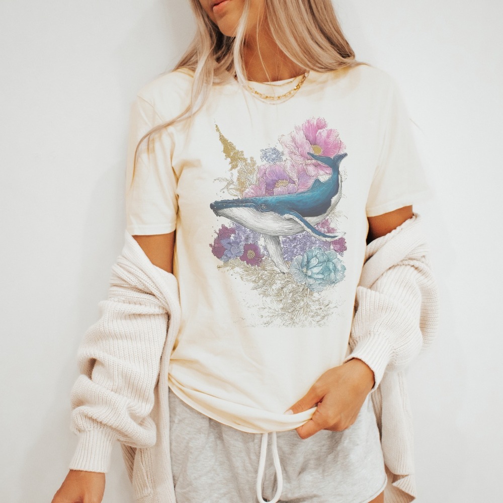 Whale Garden Graphic Tee Floral Botanical Art Nature Lover Shirt